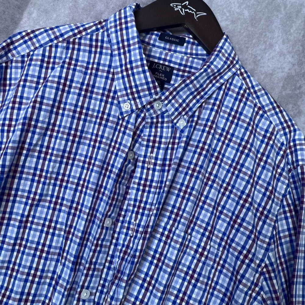 J.Crew Flex Washed Shirt Mens‎ XL Classic Fit Blue Purple Plaid Button Down L/S